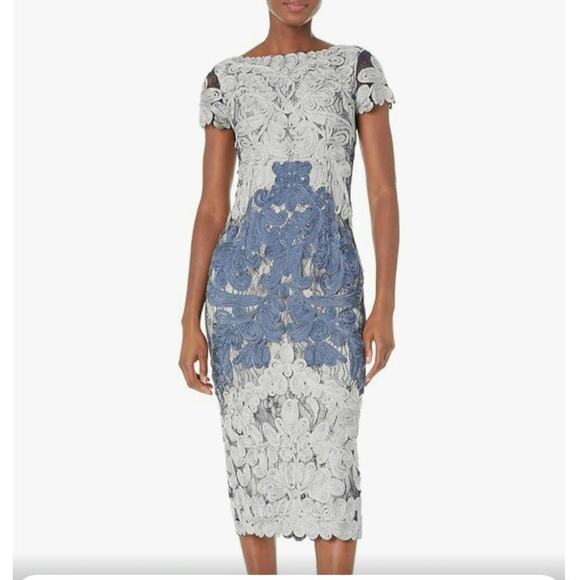 JS Collections Embroidered Ribbon Dress Size 12 Midi Blue Silver Shoet Sleeve - Picture 1 of 6
